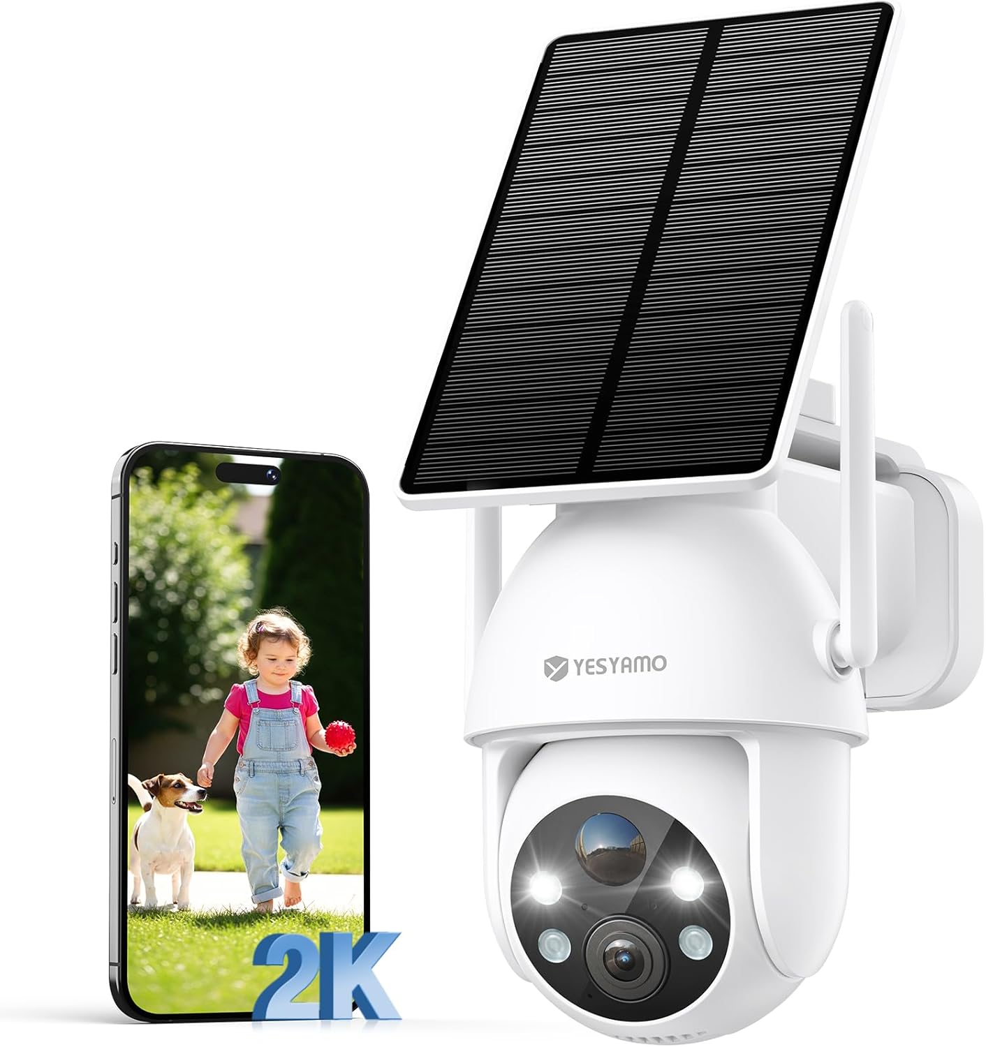 2K Camera Surveillance WiFi Exterieure sans Fil Solaire, 2.4GHz Camera Exterieur Solaire avec Panneau Solaire, 360° PTZ, Vision Nocturne Couleur, Audio Bidirectionnel, PIR Sirène(Blanc)