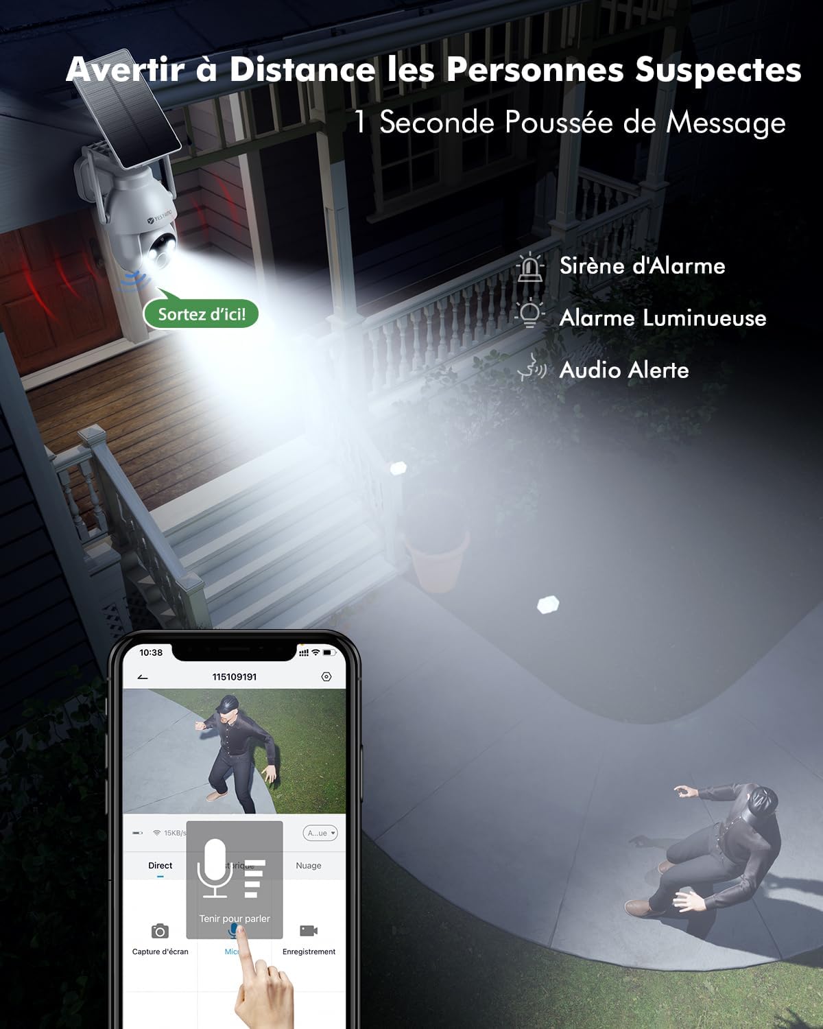 2K Camera Surveillance WiFi Exterieure sans Fil Solaire, 2.4GHz Camera Exterieur Solaire avec Panneau Solaire, 360° PTZ, Vision Nocturne Couleur, Audio Bidirectionnel, PIR Sirène(Blanc) – Image 8