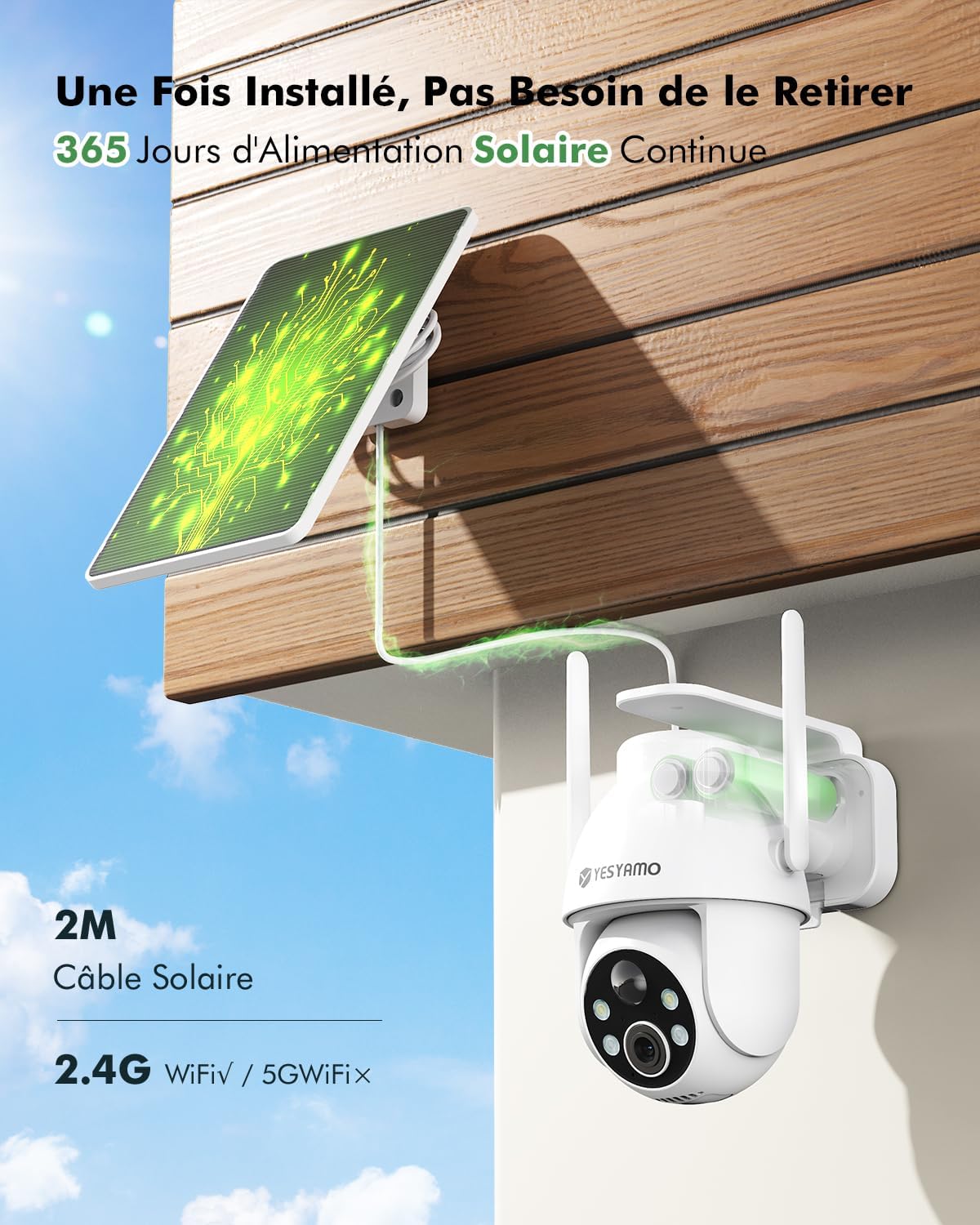 2K Camera Surveillance WiFi Exterieure sans Fil Solaire, 2.4GHz Camera Exterieur Solaire avec Panneau Solaire, 360° PTZ, Vision Nocturne Couleur, Audio Bidirectionnel, PIR Sirène(Blanc) – Image 4