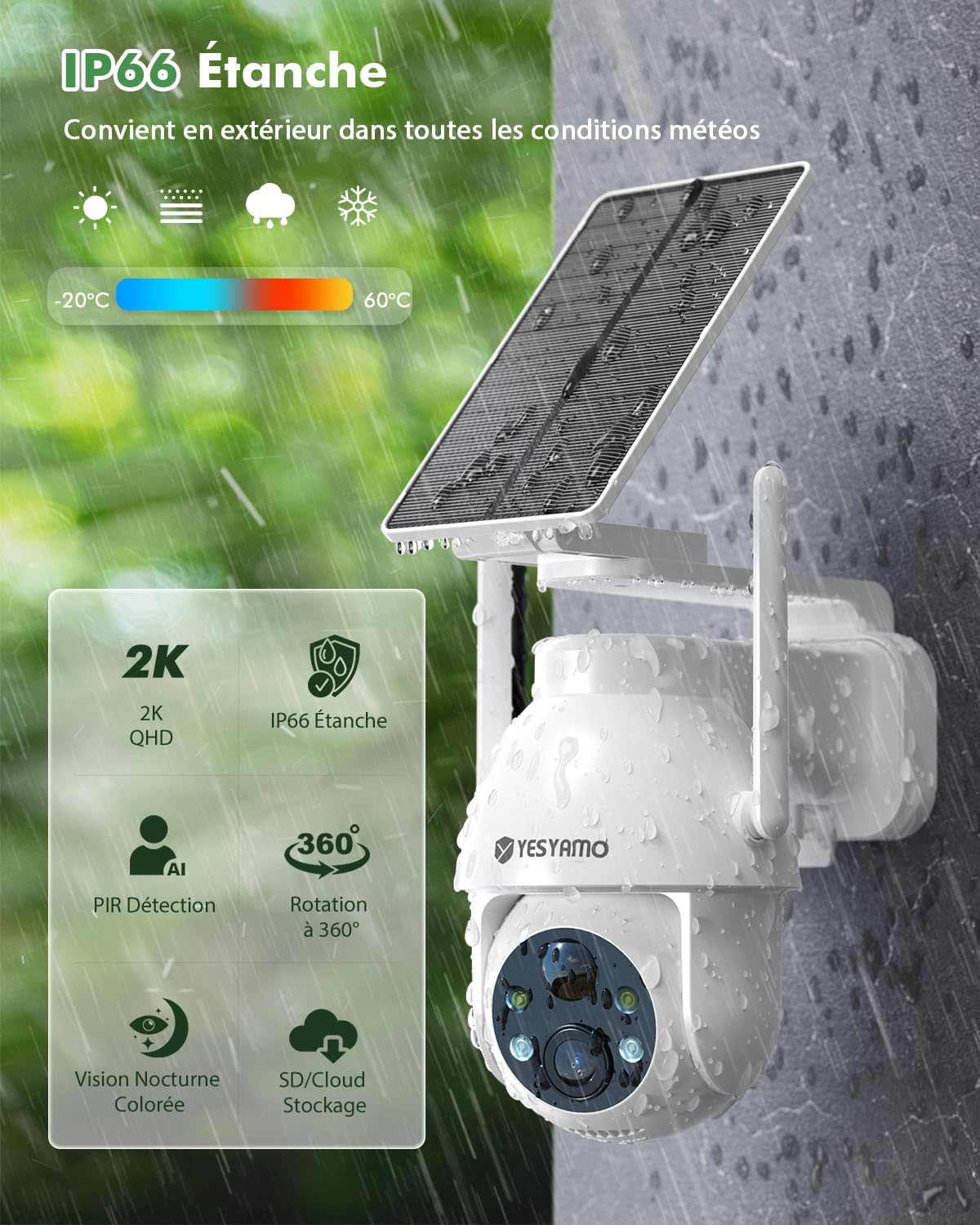 2K Camera Surveillance WiFi Exterieure sans Fil Solaire, 2.4GHz Camera Exterieur Solaire avec Panneau Solaire, 360° PTZ, Vision Nocturne Couleur, Audio Bidirectionnel, PIR Sirène(Blanc) – Image 7