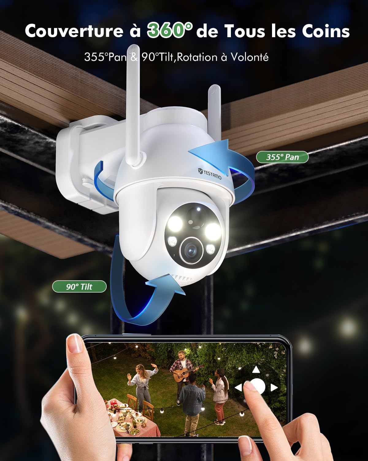 2K Camera Surveillance WiFi Exterieure sans Fil Solaire, 2.4GHz Camera Exterieur Solaire avec Panneau Solaire, 360° PTZ, Vision Nocturne Couleur, Audio Bidirectionnel, PIR Sirène(Blanc) – Image 5