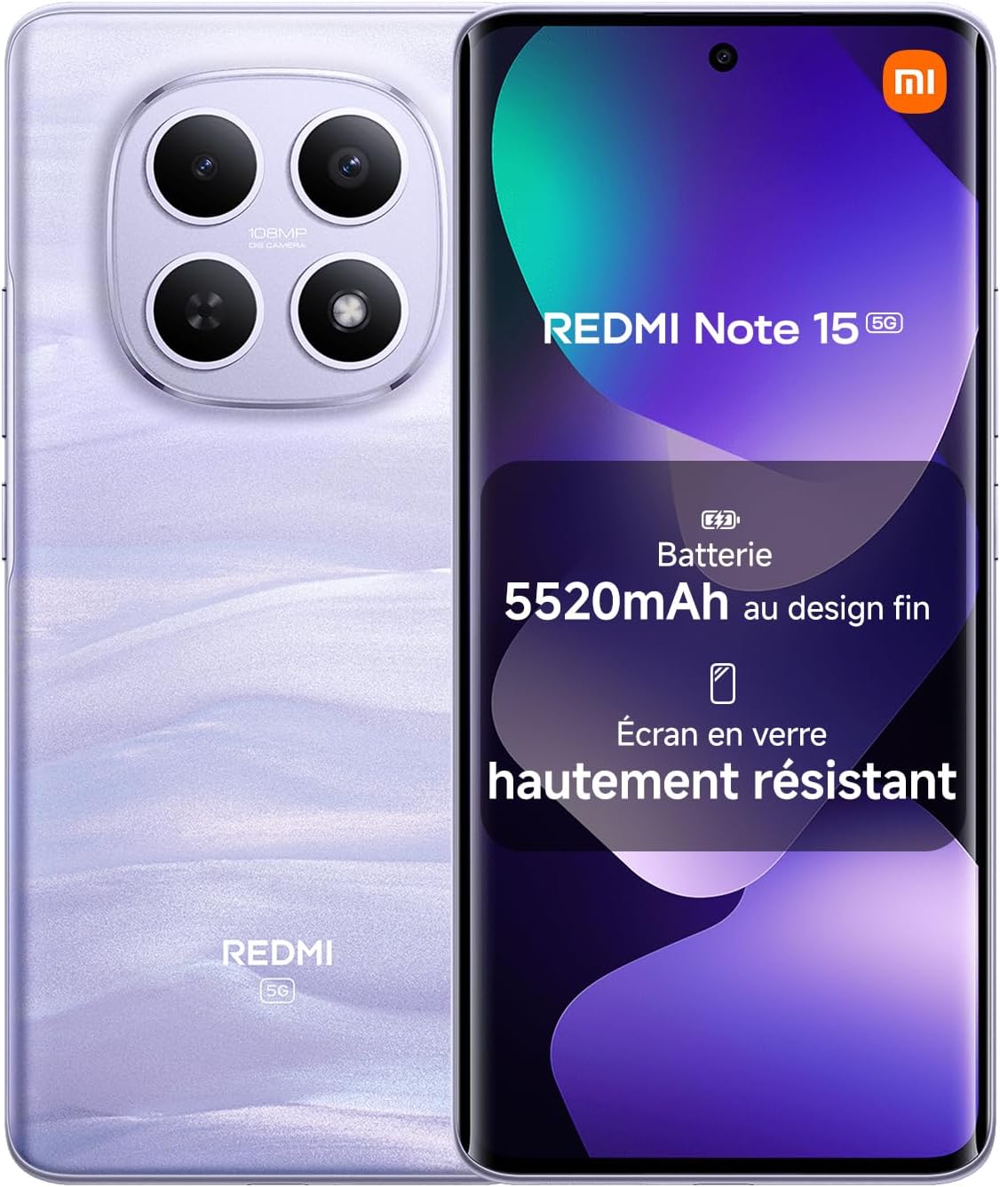 Xiaomi REDMI Note 15 5G, Smartphone 8+256Go, Design Ultra Fin, Résistance à l’eau IP65, Appareil Photo Ultra-Net 108 Mpx, Écran FHD+ 6,77″, Violet, Garantie 2 Ans, Chargeur Non Inclus